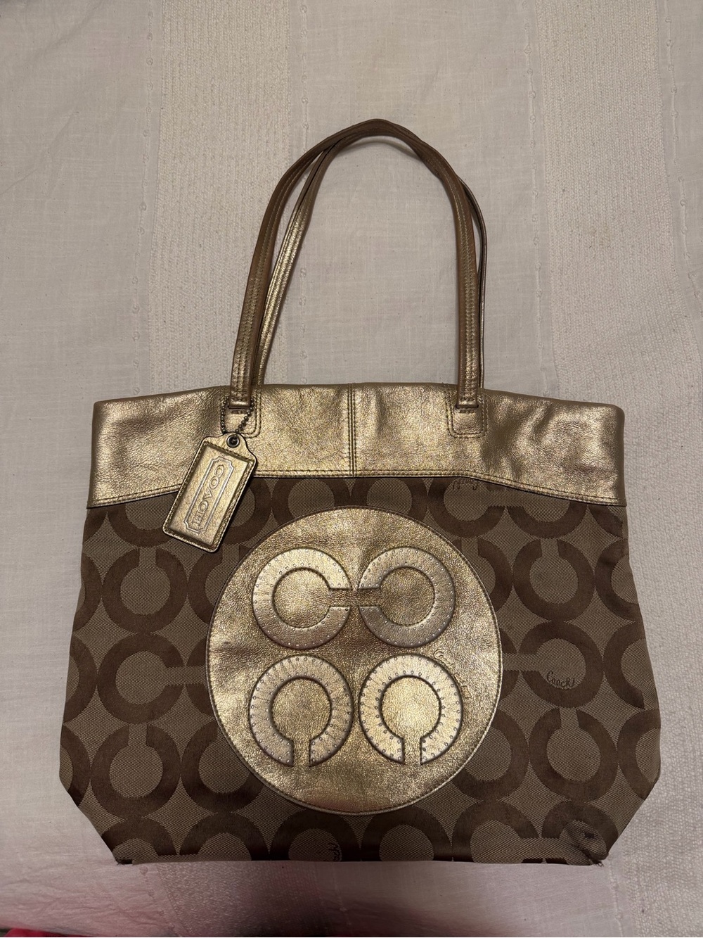 Coach Brown Signature Tote with Metallic Gold Accents